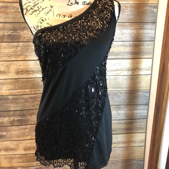 Tops - Black One Shoulder Tank Top with Sequins